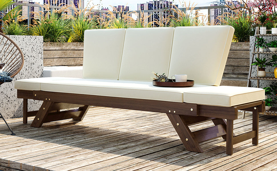 Patio Furntiure Sets | Outdoor Adjustable Patio Wooden Daybed Sofa Chaise Lounge with Cushions for Small Places, Brown Finish+Beige Cushion | casafoyer.myshopify.com