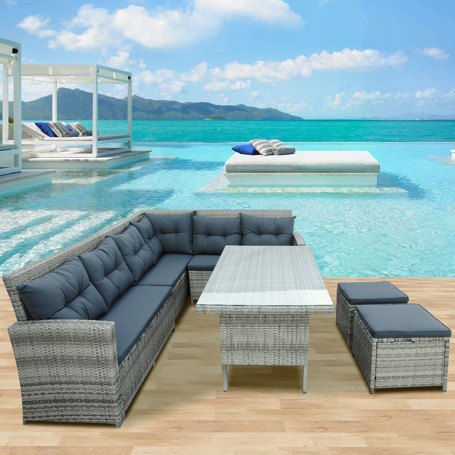 Patio Furntiure Sets | 6-Piece Patio Furniture Set Outdoor Sectional Sofa with Glass Table, Ottomans for Pool, Backyard, Lawn (Gray) | casafoyer.myshopify.com