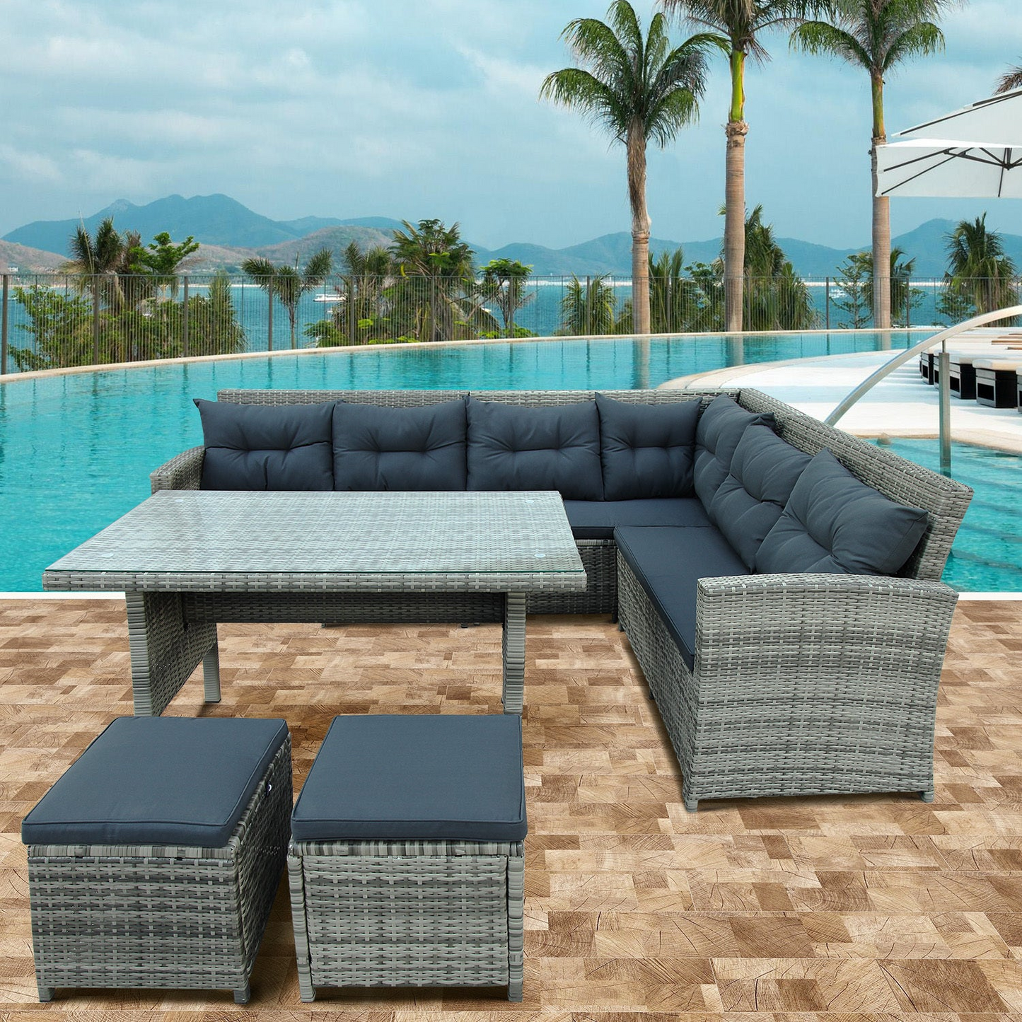 Patio Furntiure Sets | 6-Piece Patio Furniture Set Outdoor Sectional Sofa with Glass Table, Ottomans for Pool, Backyard, Lawn (Gray) | casafoyer.myshopify.com