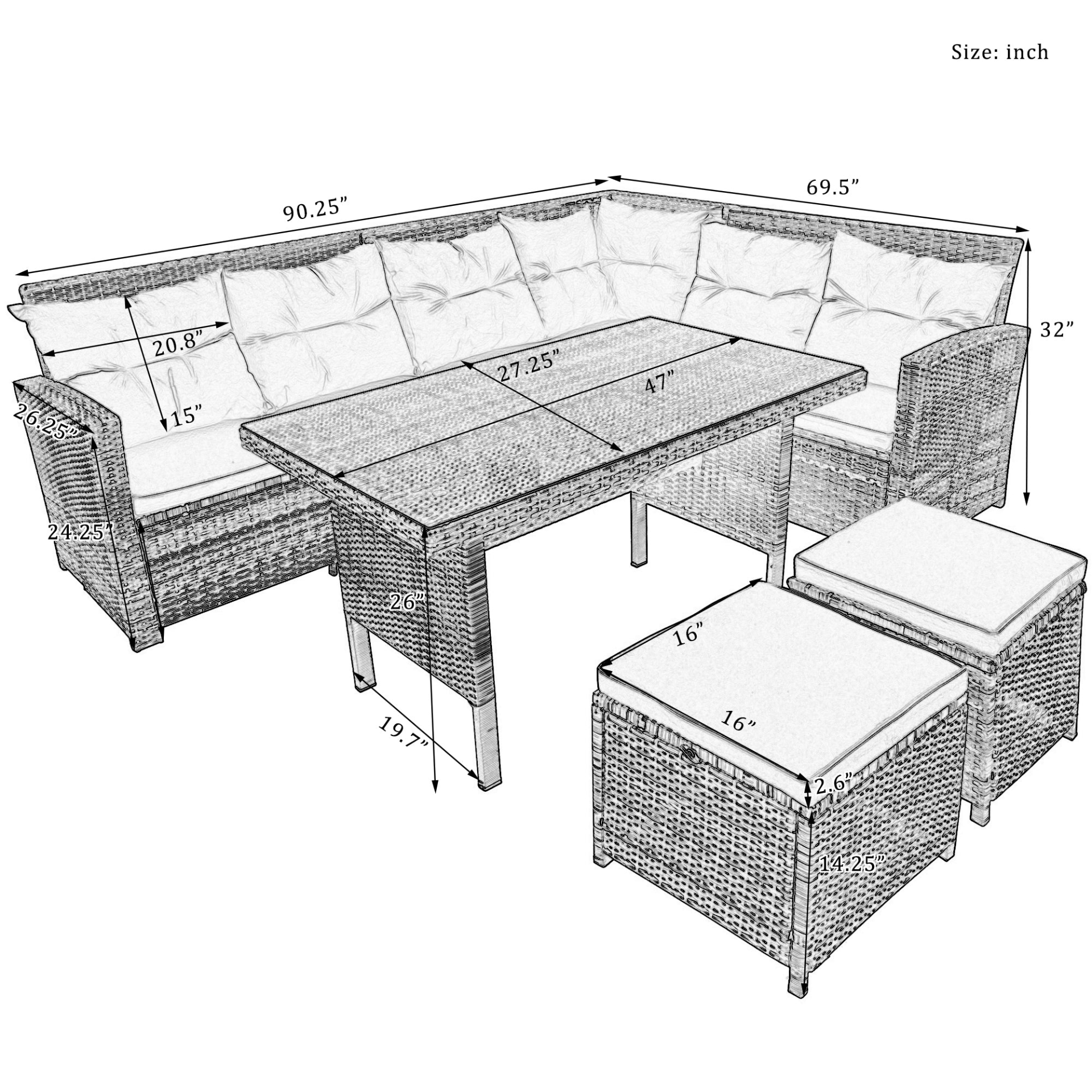 Patio Furntiure Sets | 6-Piece Patio Furniture Set Outdoor Sectional Sofa with Glass Table, Ottomans for Pool, Backyard, Lawn (Gray) | casafoyer.myshopify.com