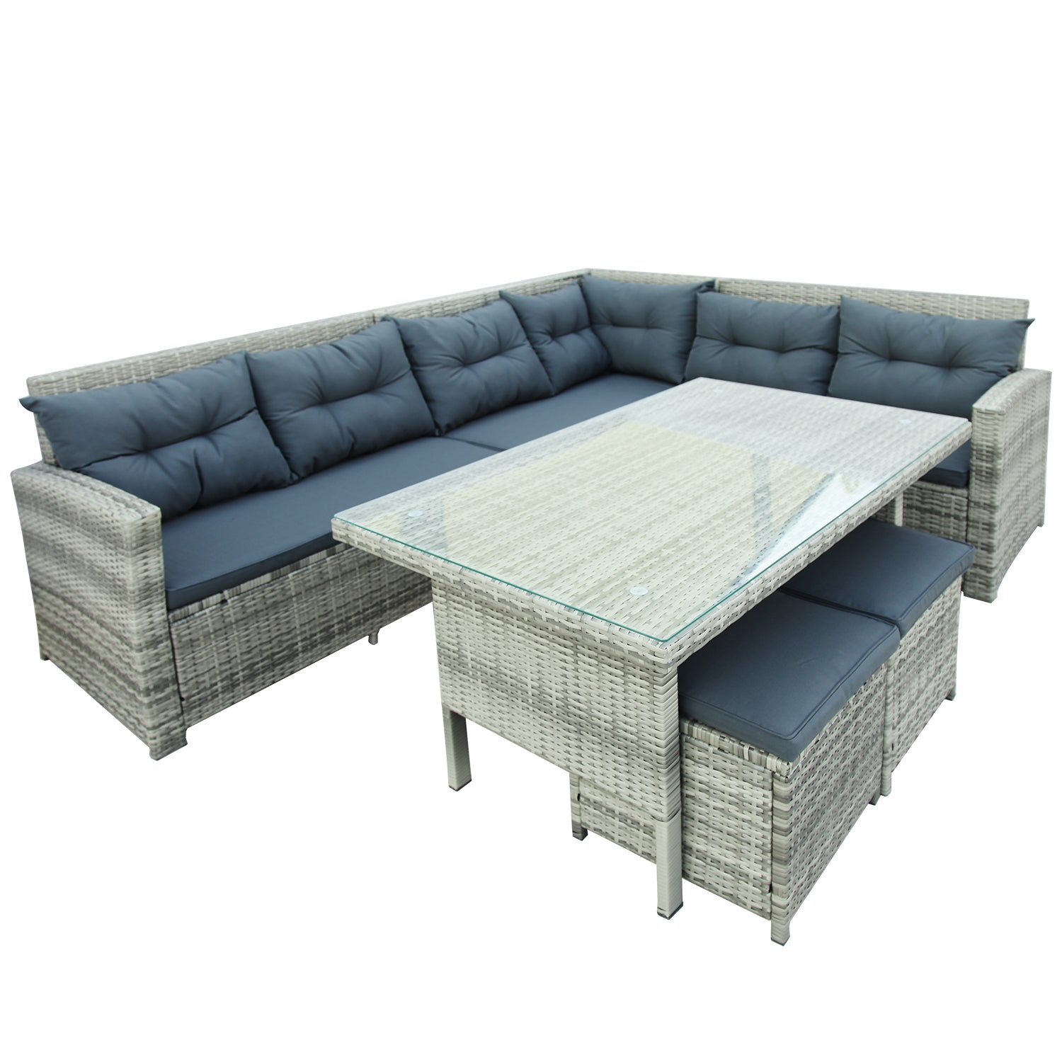 Patio Furntiure Sets | 6-Piece Patio Furniture Set Outdoor Sectional Sofa with Glass Table, Ottomans for Pool, Backyard, Lawn (Gray) | casafoyer.myshopify.com