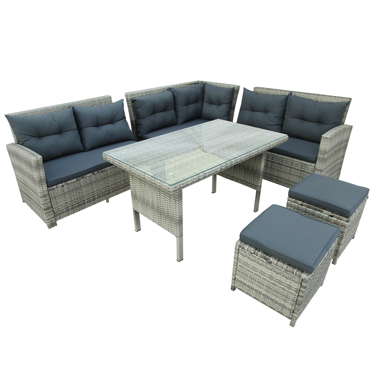 Patio Furntiure Sets | 6-Piece Patio Furniture Set Outdoor Sectional Sofa with Glass Table, Ottomans for Pool, Backyard, Lawn (Gray) | casafoyer.myshopify.com