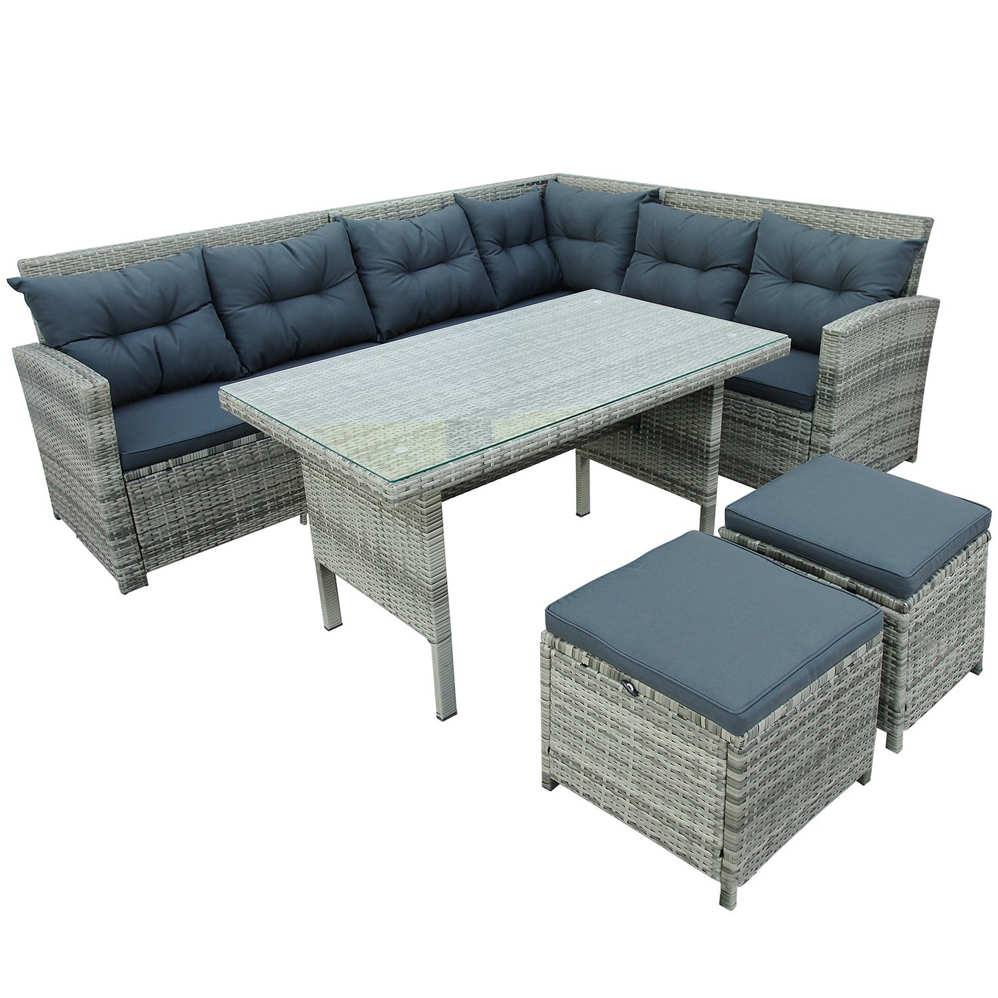 Patio Furntiure Sets | 6-Piece Patio Furniture Set Outdoor Sectional Sofa with Glass Table, Ottomans for Pool, Backyard, Lawn (Gray) | casafoyer.myshopify.com