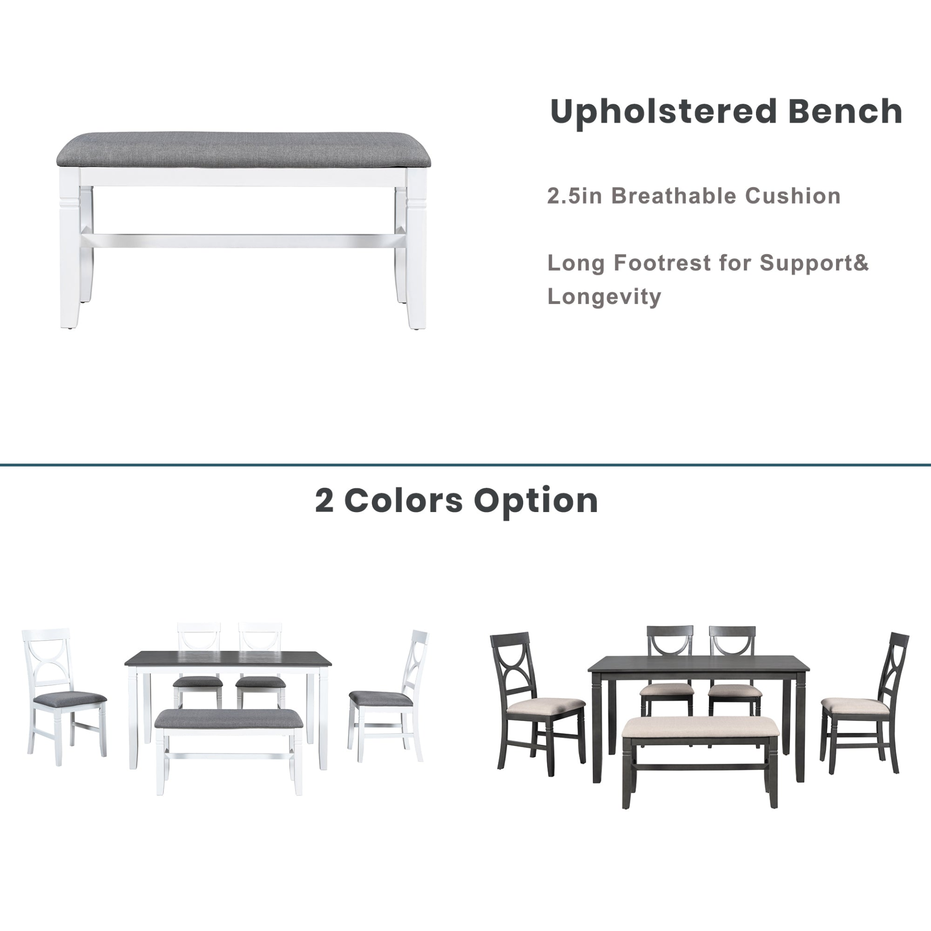 Dining Table | 6-Piece Wood Dining Table Set with Upholstered Bench and 4 Dining Chairs, Farmhouse Style, Gray+White - High-Quality, Rustic Design | casafoyer.myshopify.com