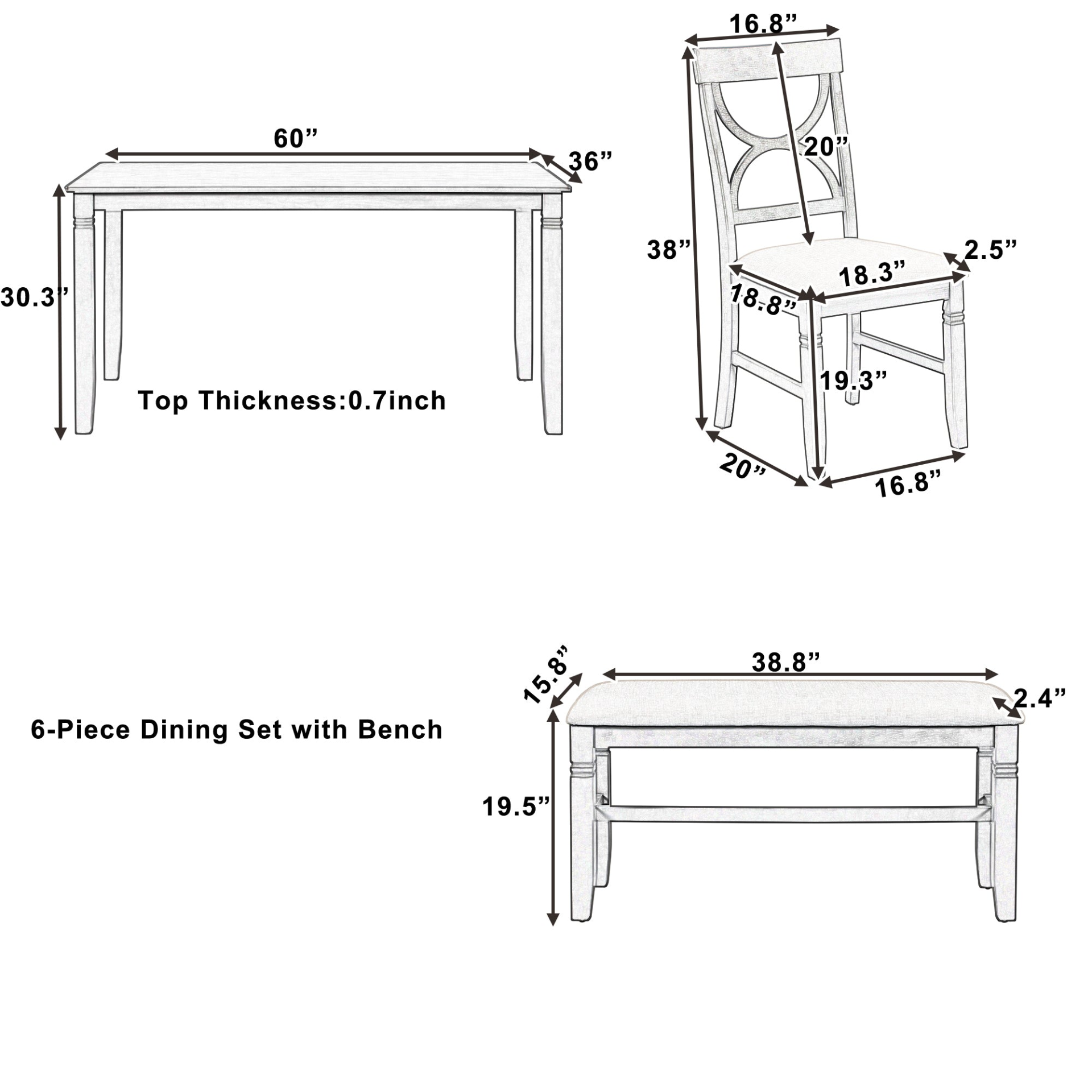 Dining Table | 6-Piece Wood Dining Table Set with Upholstered Bench and 4 Dining Chairs, Farmhouse Style, Gray+White - High-Quality, Rustic Design | casafoyer.myshopify.com