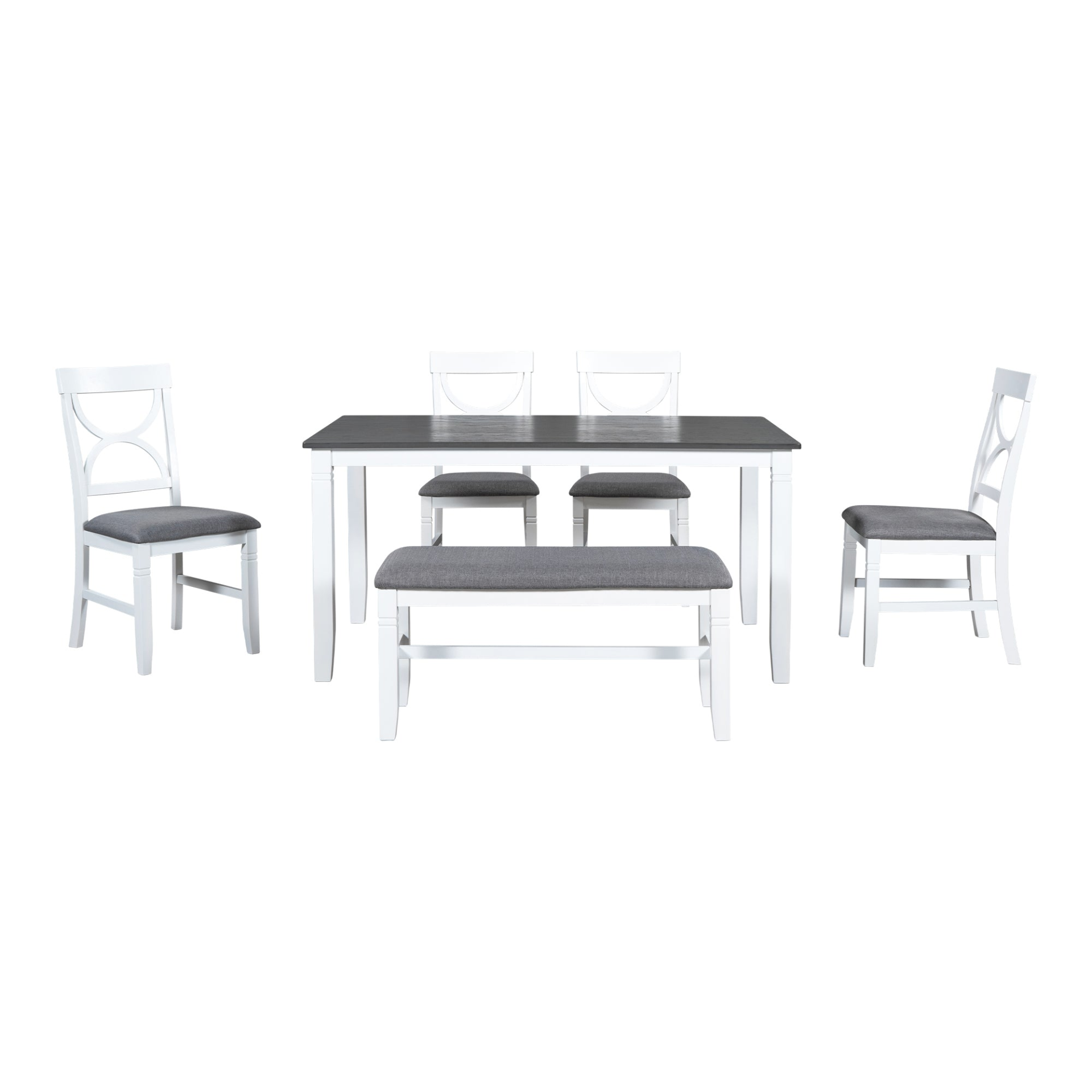 Dining Table | 6-Piece Wood Dining Table Set with Upholstered Bench and 4 Dining Chairs, Farmhouse Style, Gray+White - High-Quality, Rustic Design | casafoyer.myshopify.com