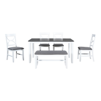 Dining Table | 6-Piece Wood Dining Table Set with Upholstered Bench and 4 Dining Chairs, Farmhouse Style, Gray+White - High-Quality, Rustic Design | casafoyer.myshopify.com