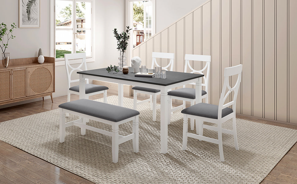 Dining Table | 6-Piece Wood Dining Table Set with Upholstered Bench and 4 Dining Chairs, Farmhouse Style, Gray+White - High-Quality, Rustic Design | casafoyer.myshopify.com