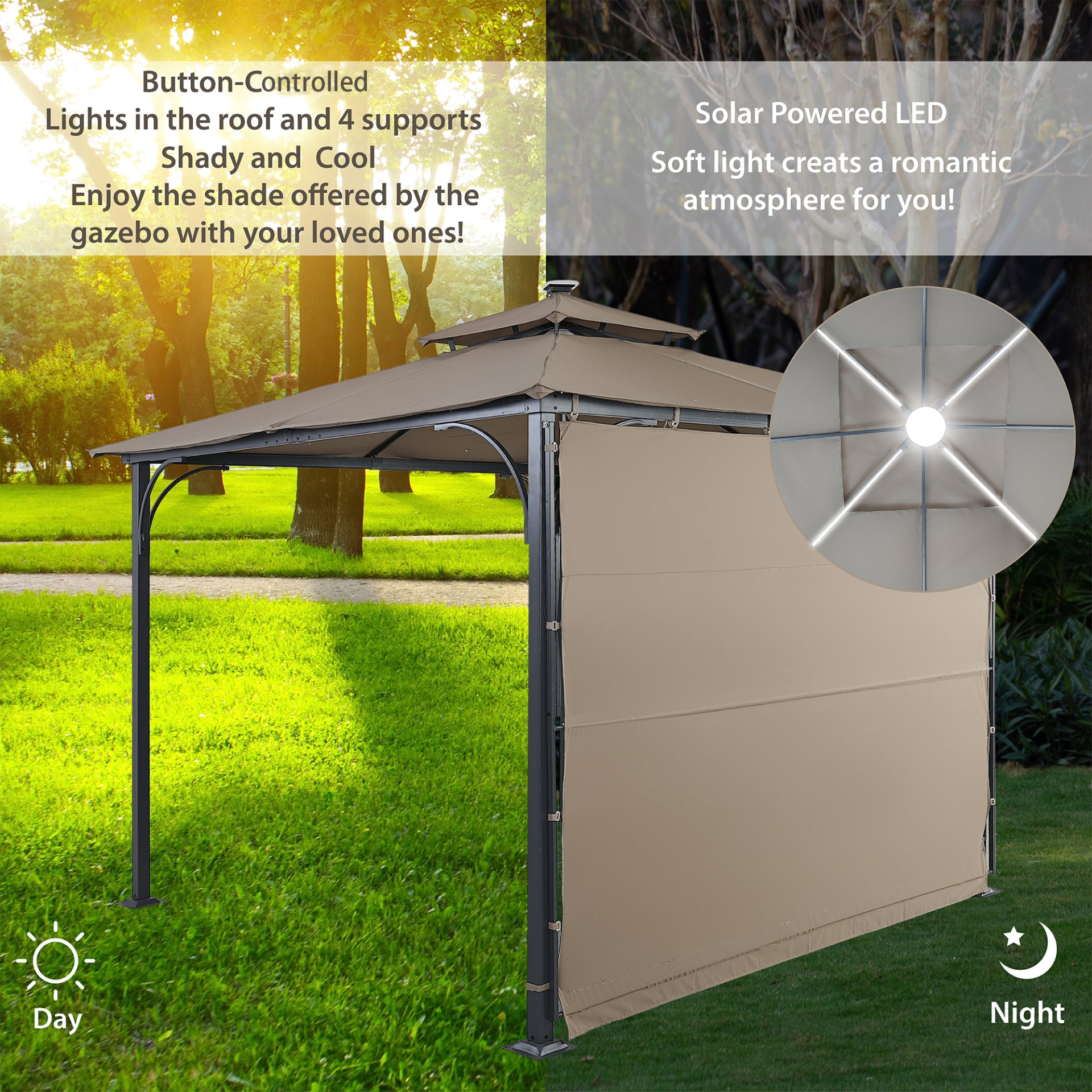 Patio Furntiure Sets | Patio Gazebo with Extended Side Shed/Awning and LED Light - Brown | Enhance Your Outdoor Space | casafoyer.myshopify.com