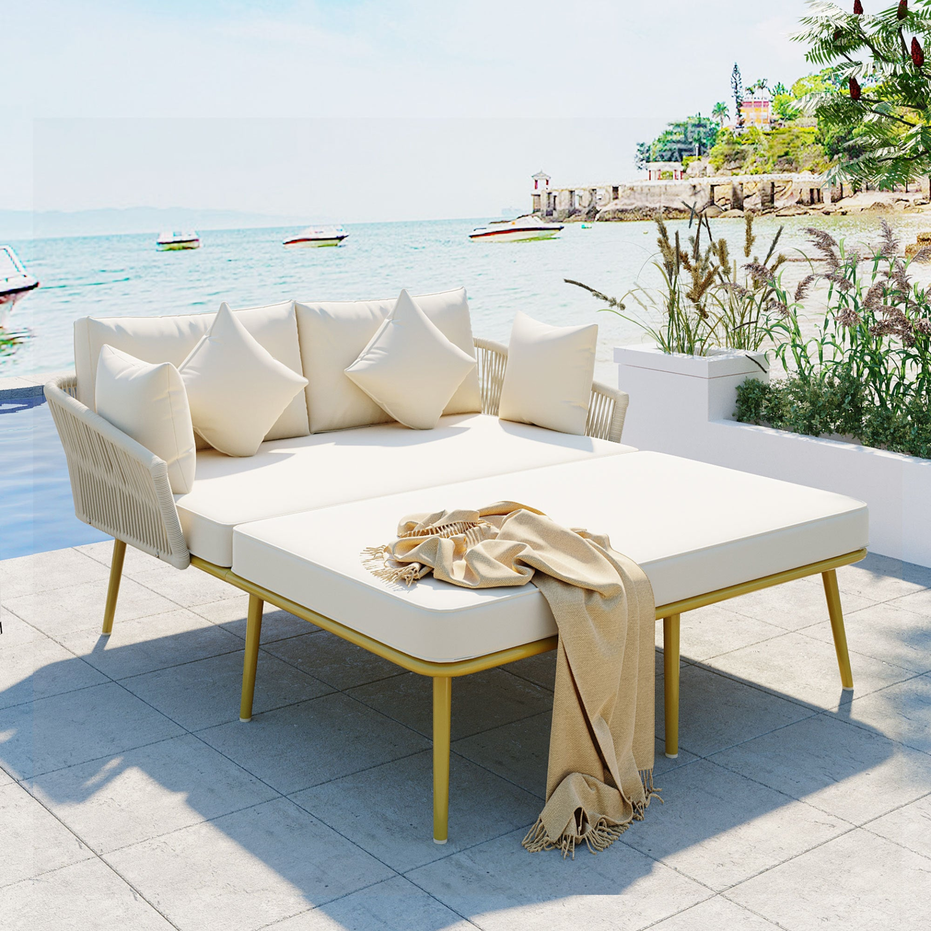 Patio Furntiure Sets | Outdoor Patio Daybed, Woven Nylon Rope Backrest with Washable Cushions | casafoyer.myshopify.com