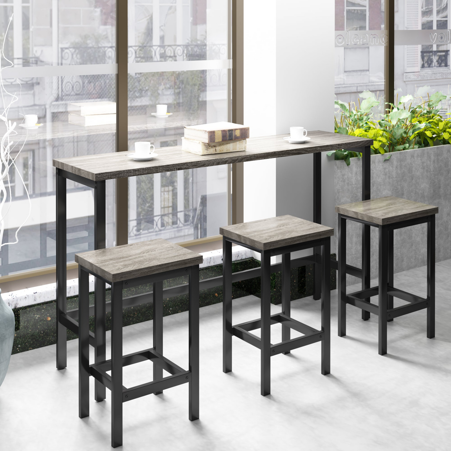 Dining Table | Counter Height Extra Long Dining Table Set with 3 Stools Pub Kitchen Set Side Table with Footrest, Gray | casafoyer.myshopify.com