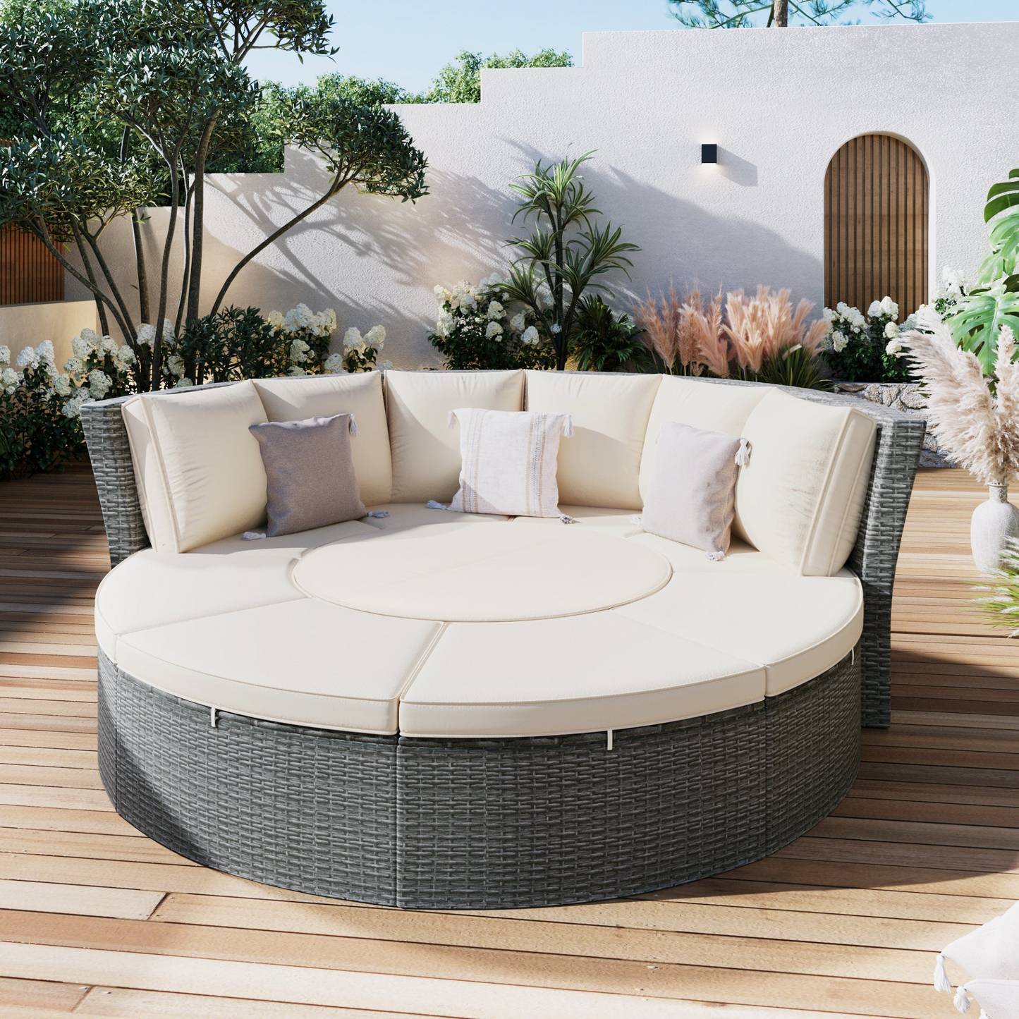 Patio Furntiure Sets | Patio 5-Piece Round Rattan Sectional Sofa Set All-Weather PE Wicker Sunbed Daybed with Round Liftable Table and Washable Cushions, Beige | casafoyer.myshopify.com