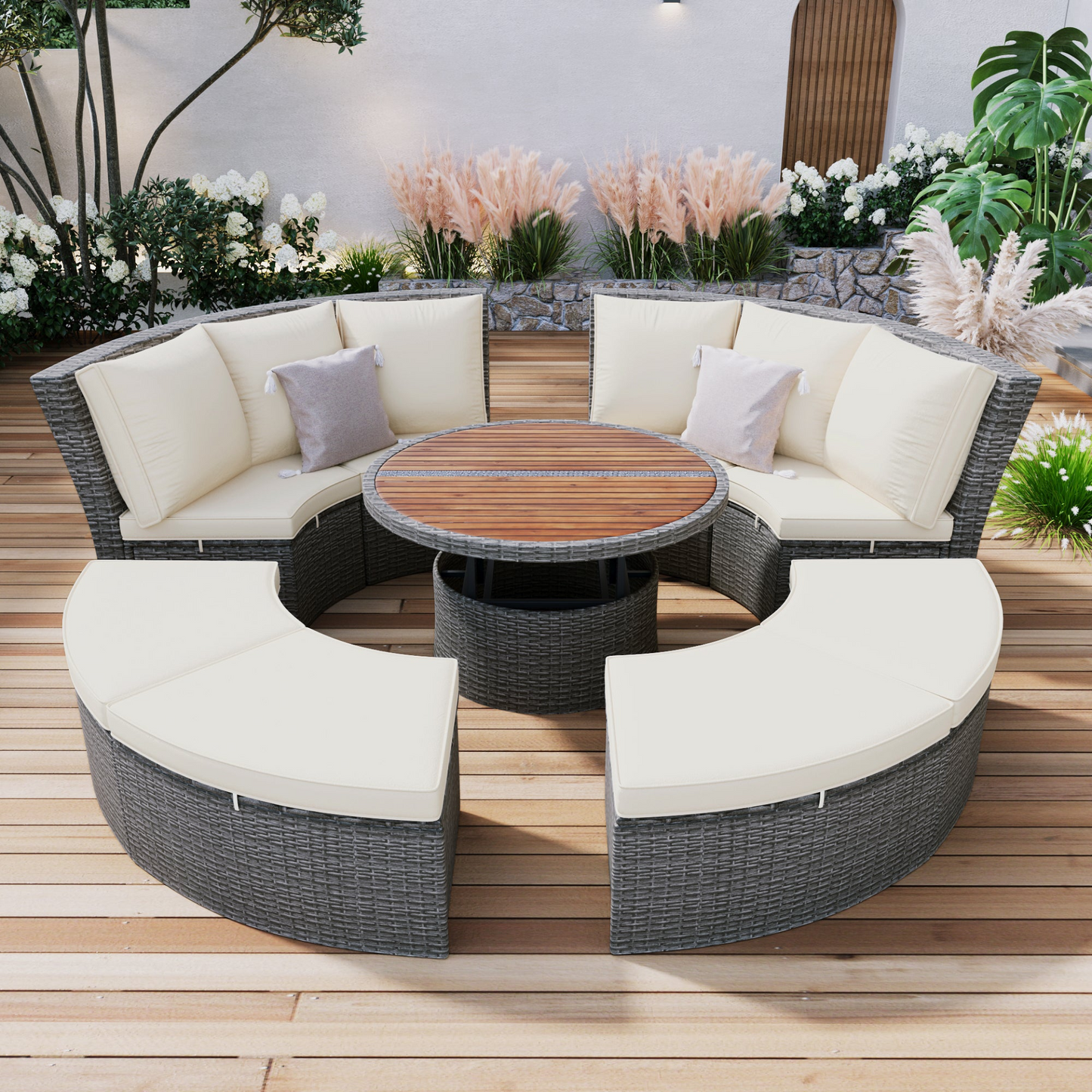 Patio Furntiure Sets | Patio 5-Piece Round Rattan Sectional Sofa Set All-Weather PE Wicker Sunbed Daybed with Round Liftable Table and Washable Cushions, Beige | casafoyer.myshopify.com