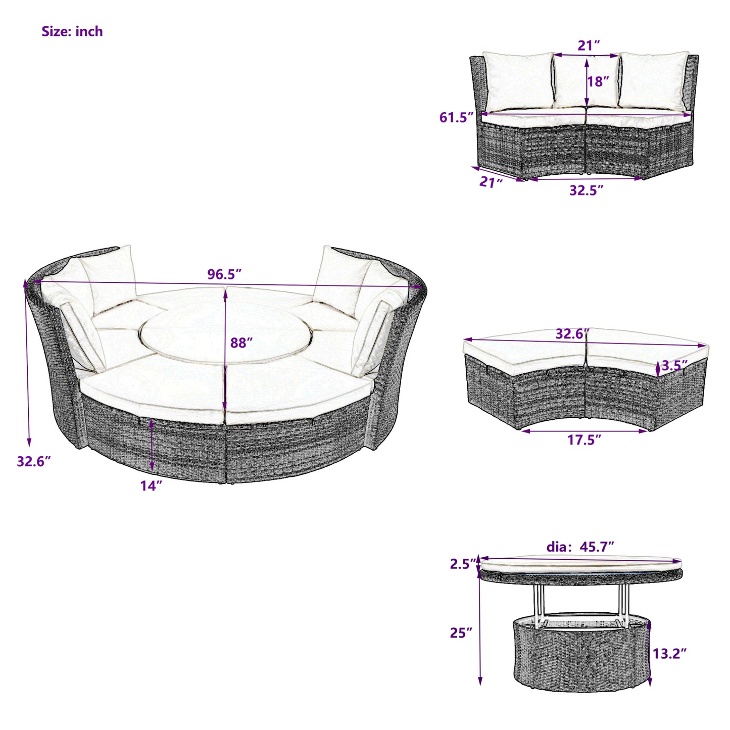 Patio Furntiure Sets | Patio 5-Piece Round Rattan Sectional Sofa Set All-Weather PE Wicker Sunbed Daybed with Round Liftable Table and Washable Cushions, Beige | casafoyer.myshopify.com