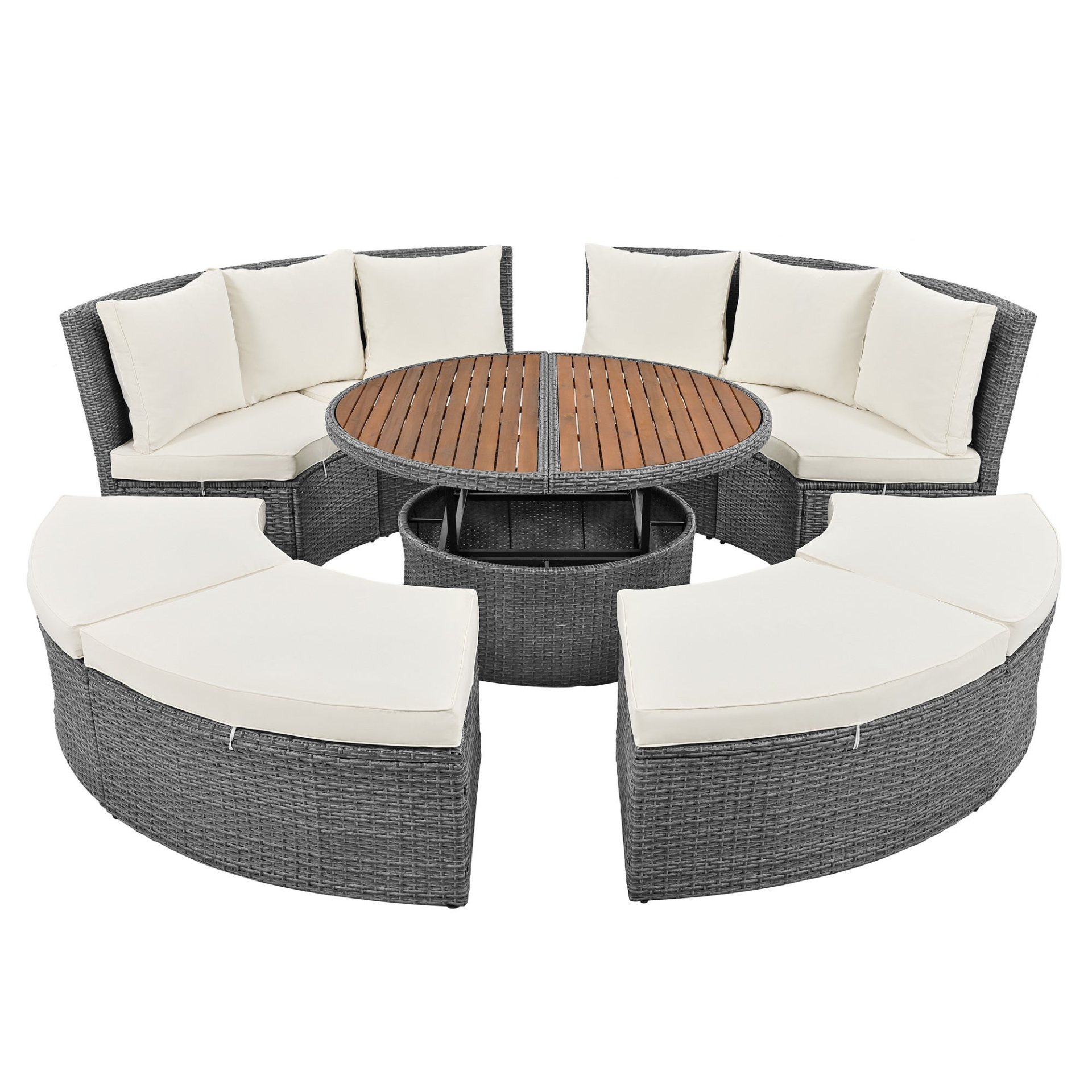 Patio Furntiure Sets | Patio 5-Piece Round Rattan Sectional Sofa Set All-Weather PE Wicker Sunbed Daybed with Round Liftable Table and Washable Cushions, Beige | casafoyer.myshopify.com