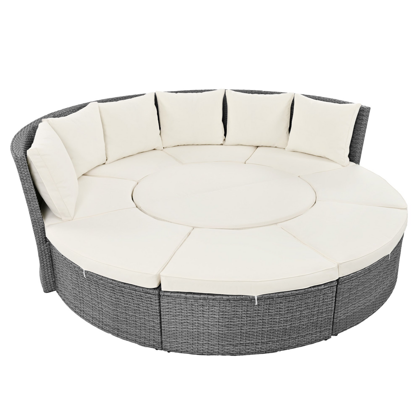 Patio Furntiure Sets | Patio 5-Piece Round Rattan Sectional Sofa Set All-Weather PE Wicker Sunbed Daybed with Round Liftable Table and Washable Cushions, Beige | casafoyer.myshopify.com