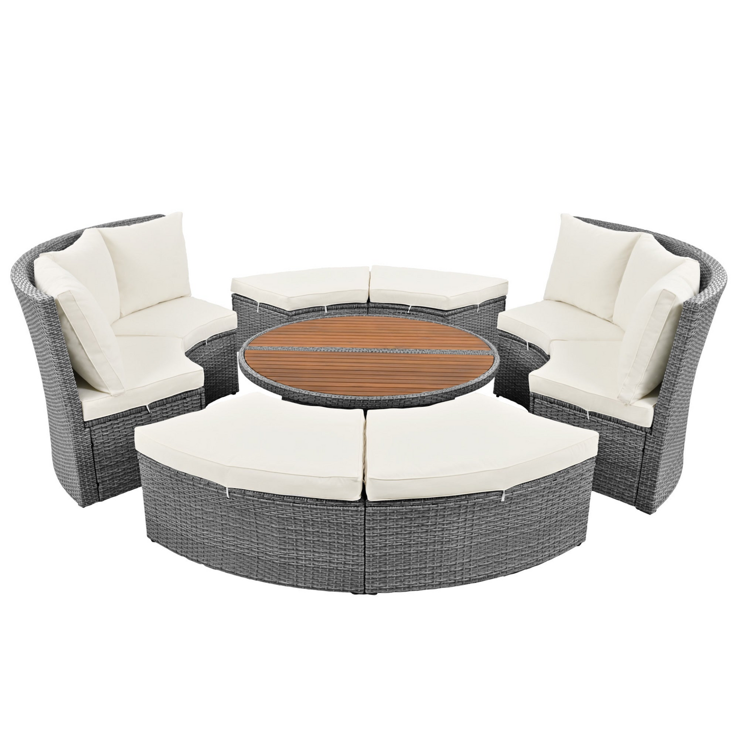 Patio Furntiure Sets | Patio 5-Piece Round Rattan Sectional Sofa Set All-Weather PE Wicker Sunbed Daybed with Round Liftable Table and Washable Cushions, Beige | casafoyer.myshopify.com