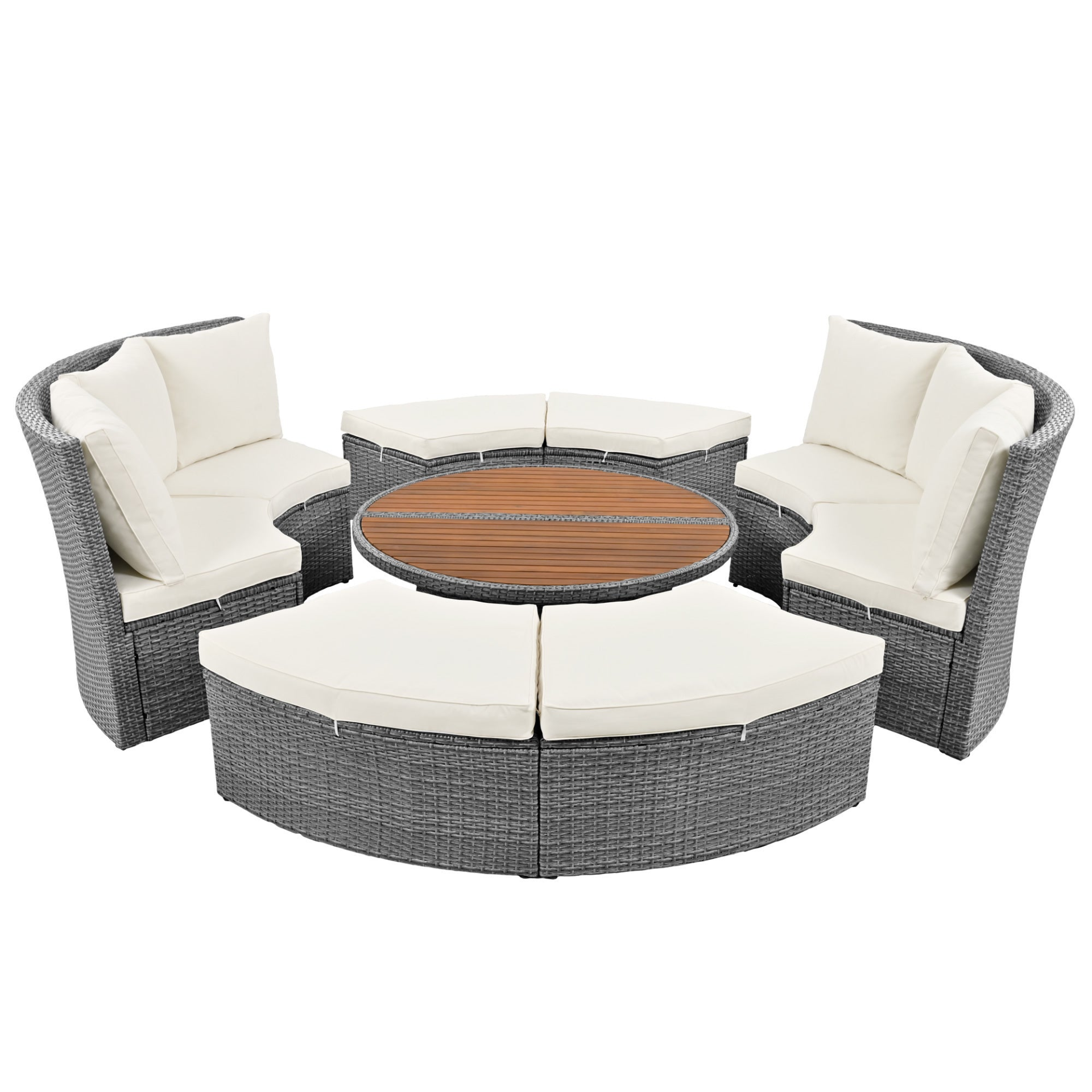 Patio Furntiure Sets | Patio 5-Piece Round Rattan Sectional Sofa Set All-Weather PE Wicker Sunbed Daybed with Round Liftable Table and Washable Cushions, Beige | casafoyer.myshopify.com