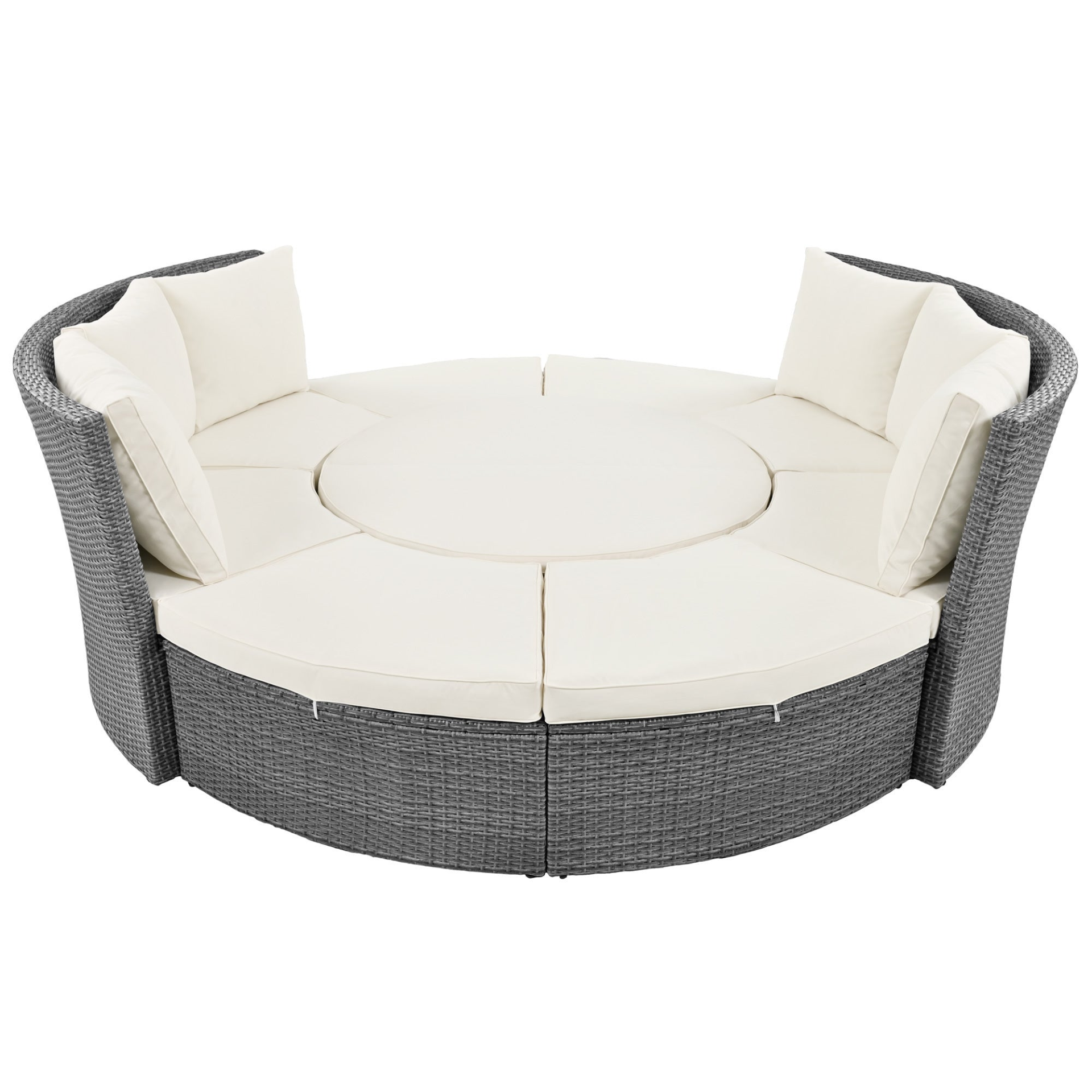 Patio Furntiure Sets | Patio 5-Piece Round Rattan Sectional Sofa Set All-Weather PE Wicker Sunbed Daybed with Round Liftable Table and Washable Cushions, Beige | casafoyer.myshopify.com