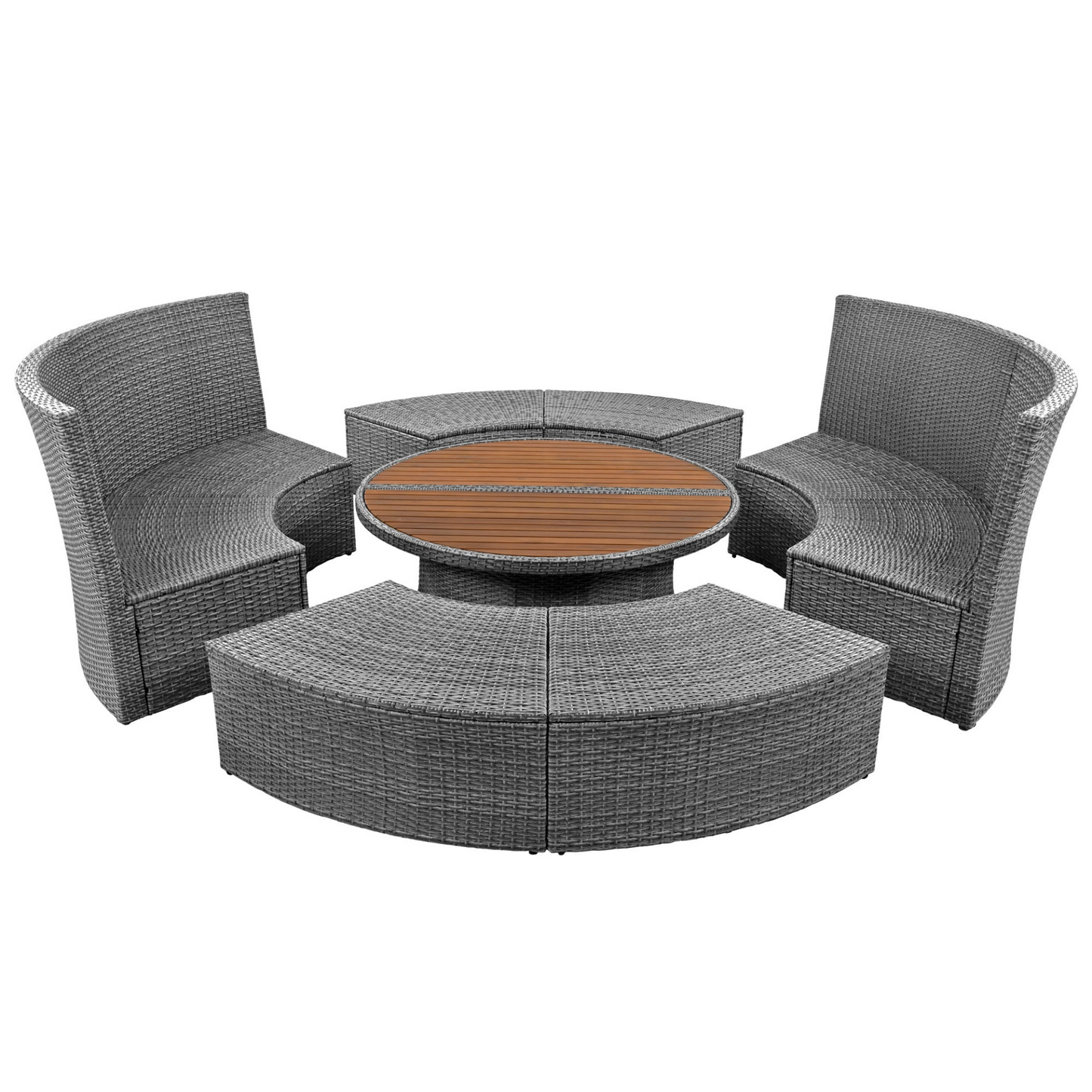 Patio Furntiure Sets | Patio 5-Piece Round Rattan Sectional Sofa Set All-Weather PE Wicker Sunbed Daybed with Round Liftable Table and Washable Cushions, Beige | casafoyer.myshopify.com