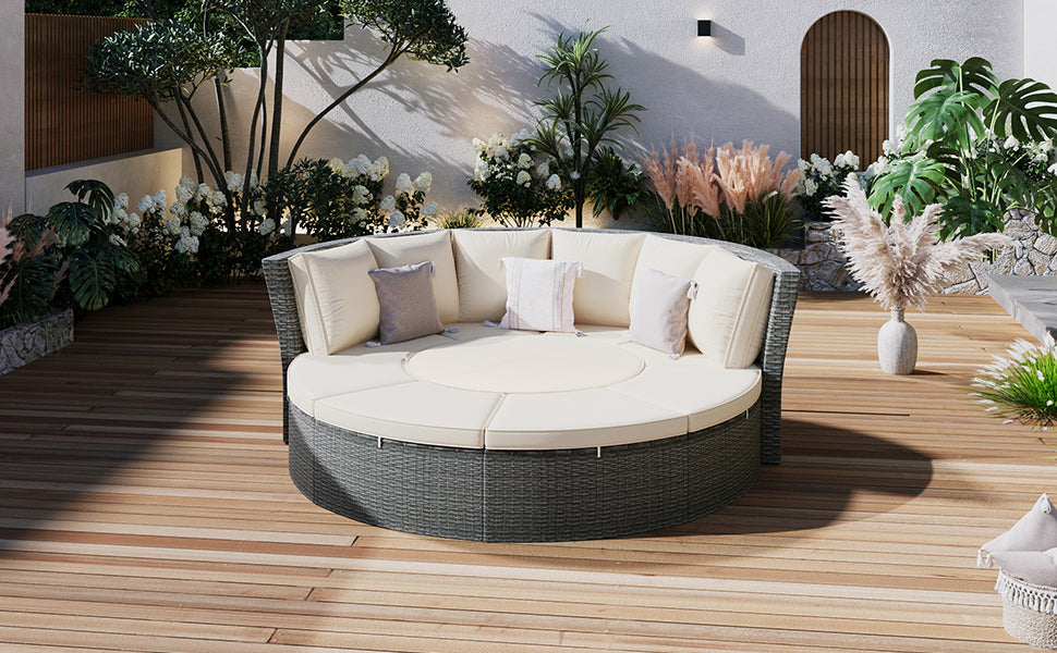 Patio Furntiure Sets | Patio 5-Piece Round Rattan Sectional Sofa Set All-Weather PE Wicker Sunbed Daybed with Round Liftable Table and Washable Cushions, Beige | casafoyer.myshopify.com