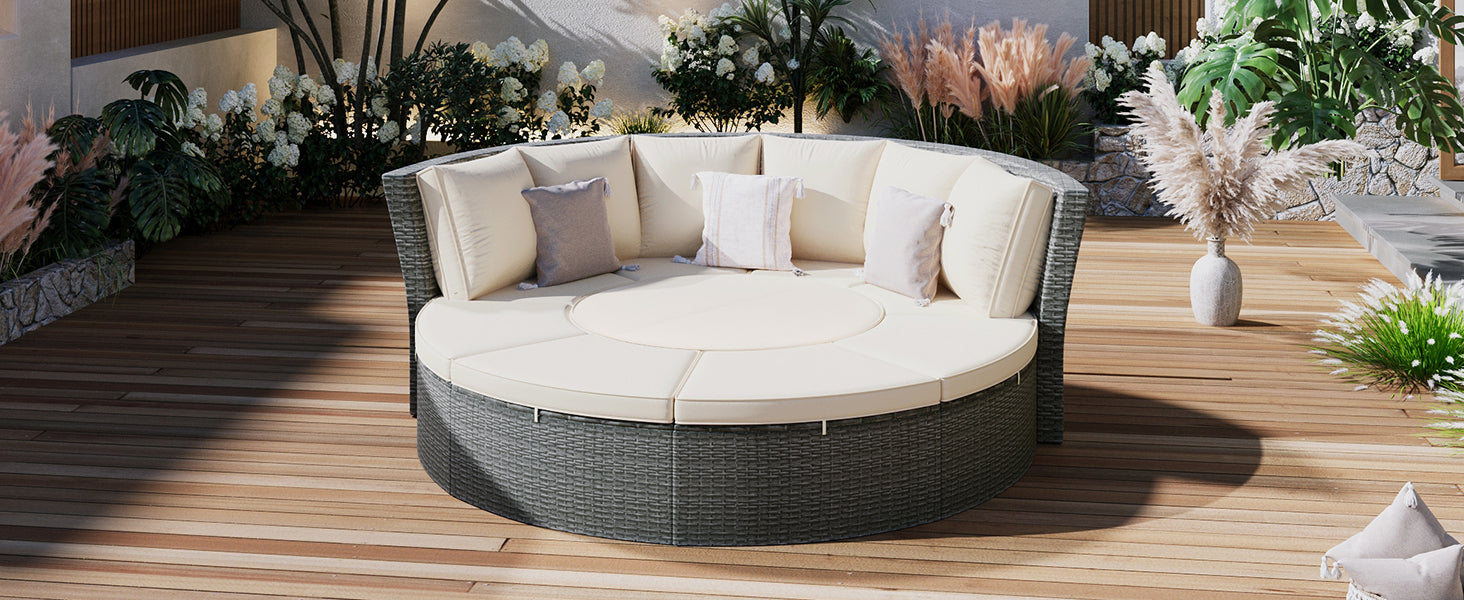 Patio Furntiure Sets | Patio 5-Piece Round Rattan Sectional Sofa Set All-Weather PE Wicker Sunbed Daybed with Round Liftable Table and Washable Cushions, Beige | casafoyer.myshopify.com