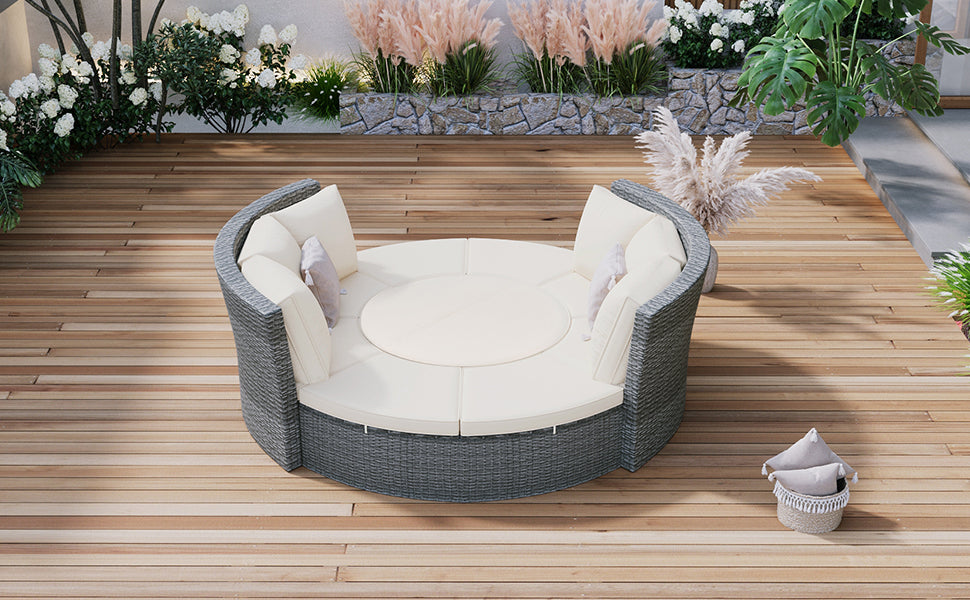 Patio Furntiure Sets | Patio 5-Piece Round Rattan Sectional Sofa Set All-Weather PE Wicker Sunbed Daybed with Round Liftable Table and Washable Cushions, Beige | casafoyer.myshopify.com