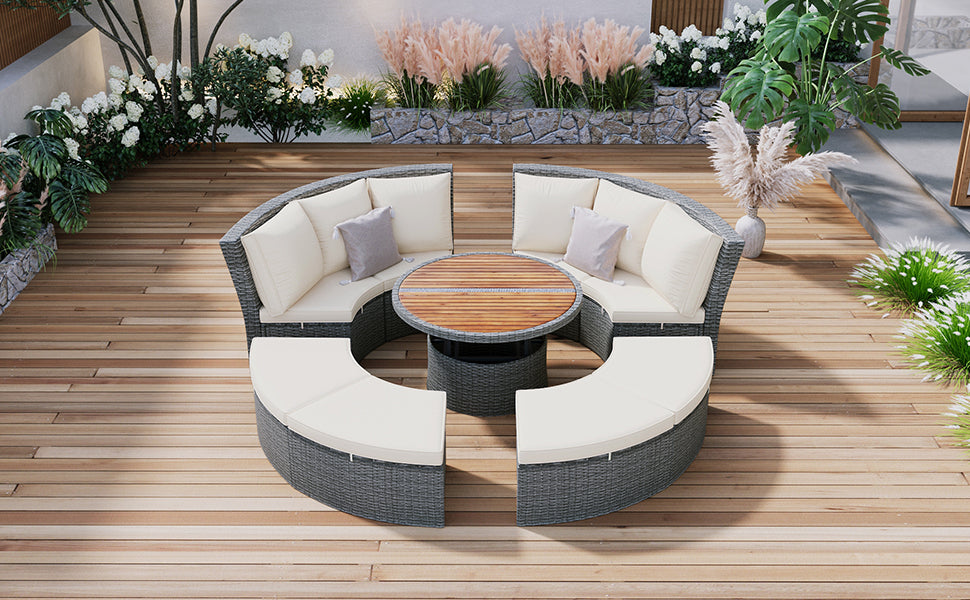 Patio Furntiure Sets | Patio 5-Piece Round Rattan Sectional Sofa Set All-Weather PE Wicker Sunbed Daybed with Round Liftable Table and Washable Cushions, Beige | casafoyer.myshopify.com