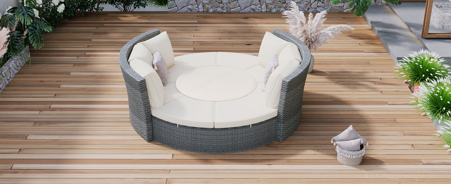 Patio Furntiure Sets | Patio 5-Piece Round Rattan Sectional Sofa Set All-Weather PE Wicker Sunbed Daybed with Round Liftable Table and Washable Cushions, Beige | casafoyer.myshopify.com