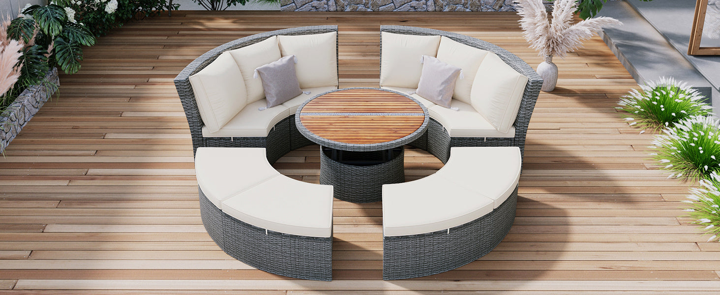 Patio Furntiure Sets | Patio 5-Piece Round Rattan Sectional Sofa Set All-Weather PE Wicker Sunbed Daybed with Round Liftable Table and Washable Cushions, Beige | casafoyer.myshopify.com