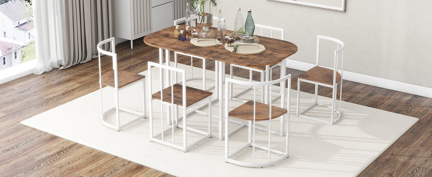 Dining Table | Modern 7-Piece Dining Table Set with Faux Marble Compact 55-Inch Kitchen Table Set for 6, White+Cherry | casafoyer.myshopify.com