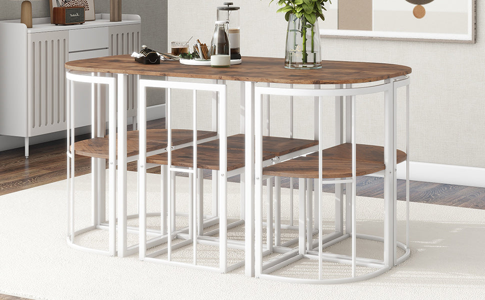 Dining Table | Modern 7-Piece Dining Table Set with Faux Marble Compact 55-Inch Kitchen Table Set for 6, White+Cherry | casafoyer.myshopify.com