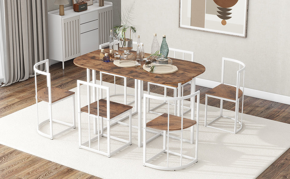 Dining Table | Modern 7-Piece Dining Table Set with Faux Marble Compact 55-Inch Kitchen Table Set for 6, White+Cherry | casafoyer.myshopify.com