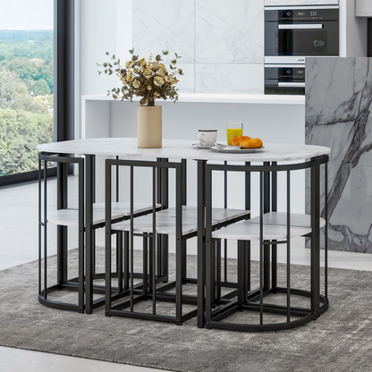 Dining Table | Modern 7-Piece Dining Table Set with Faux Marble Compact 55-Inch Kitchen Table Set for 6, Black+White | casafoyer.myshopify.com
