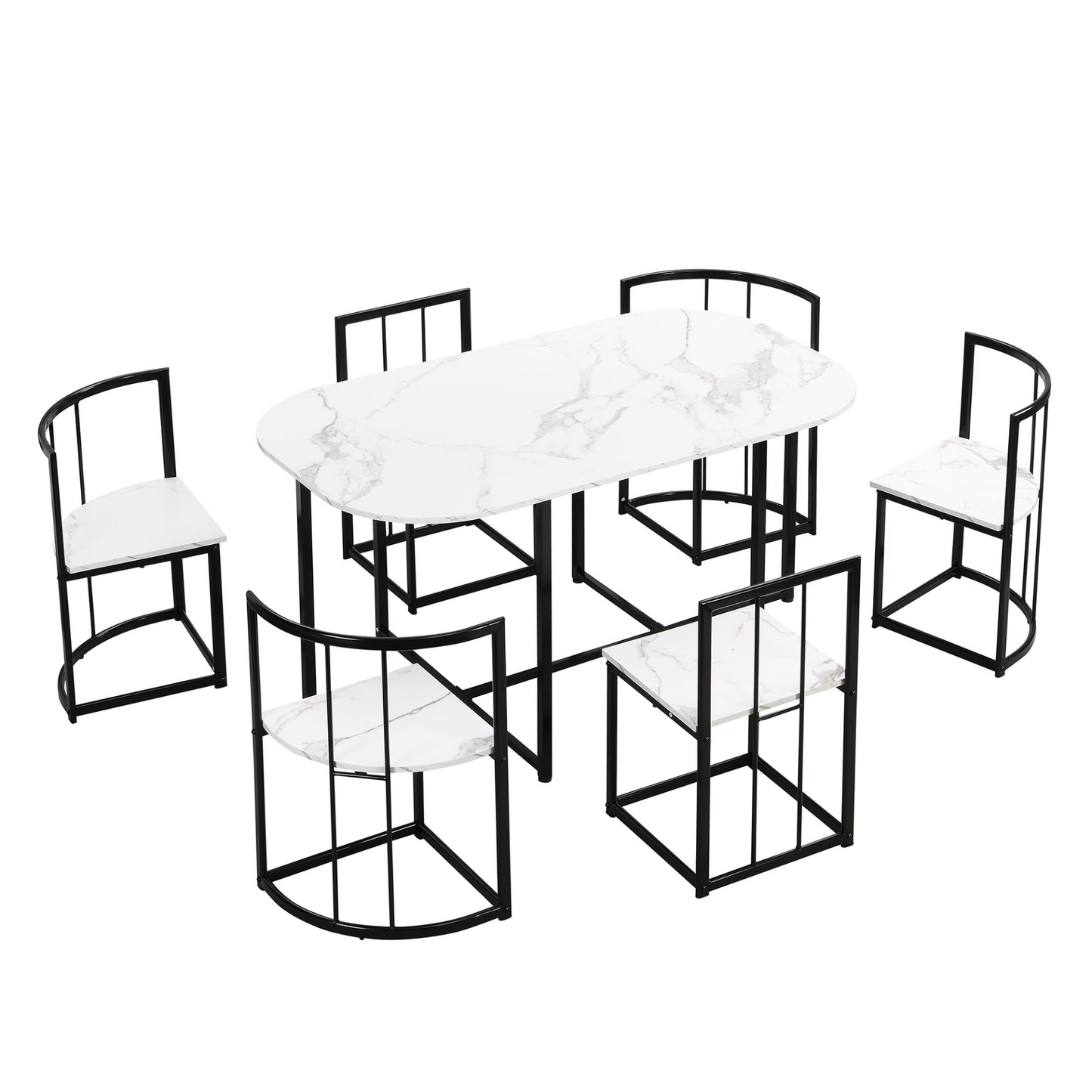 Dining Table | Modern 7-Piece Dining Table Set with Faux Marble Compact 55-Inch Kitchen Table Set for 6, Black+White | casafoyer.myshopify.com