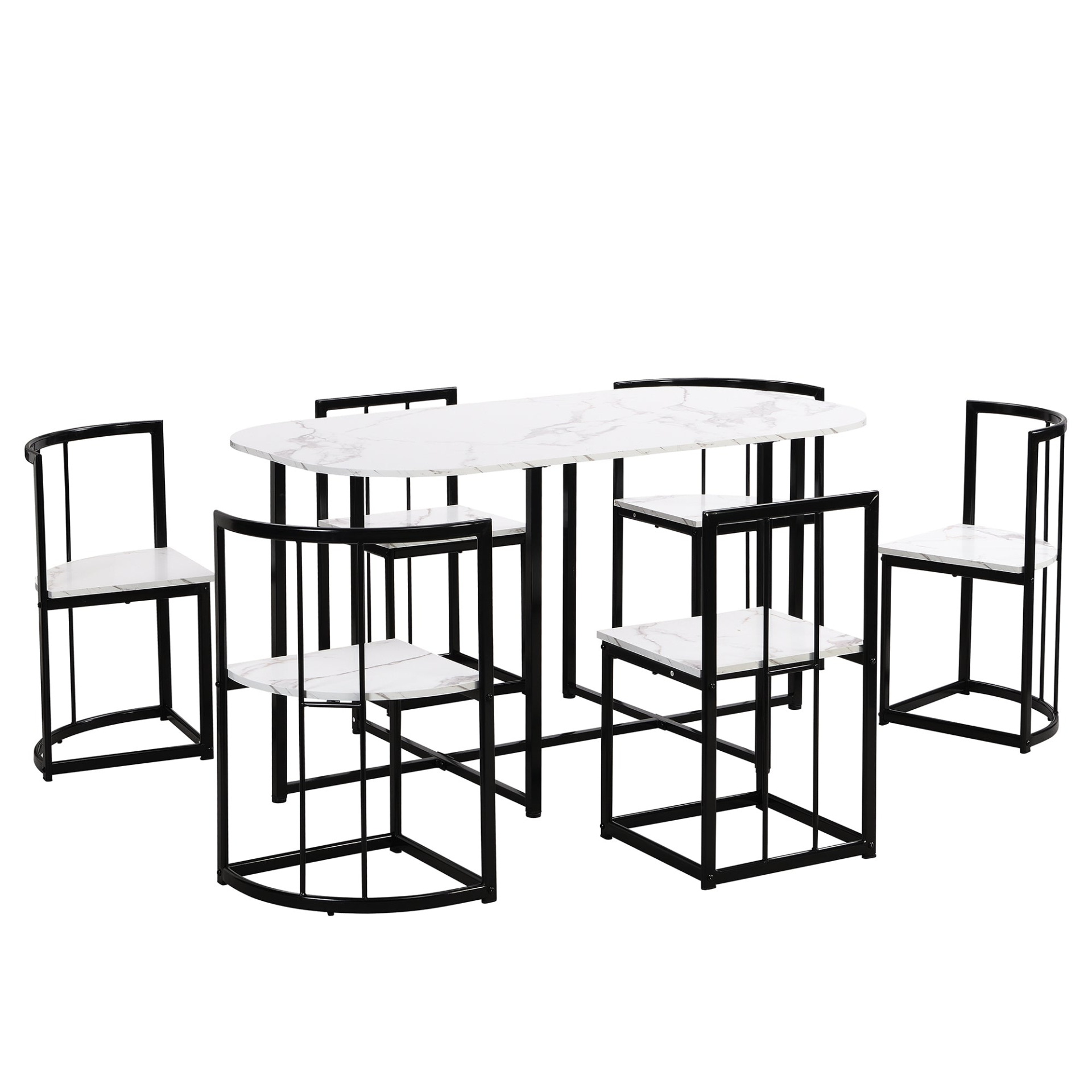 Dining Table | Modern 7-Piece Dining Table Set with Faux Marble Compact 55-Inch Kitchen Table Set for 6, Black+White | casafoyer.myshopify.com