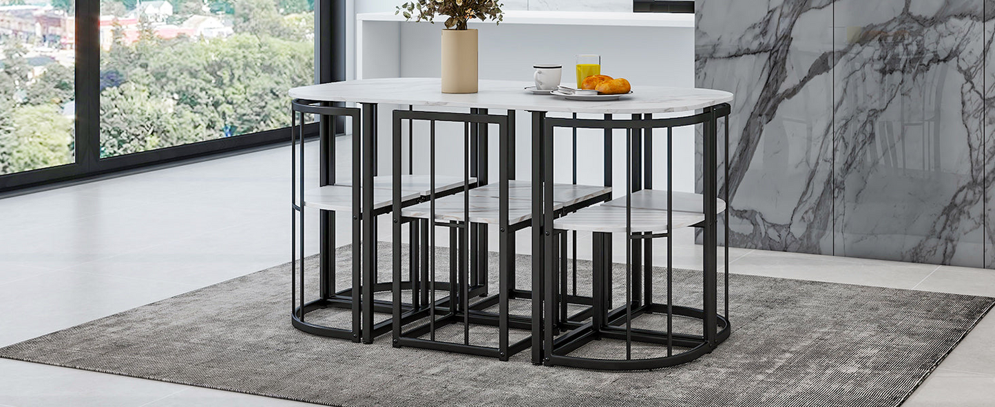 Dining Table | Modern 7-Piece Dining Table Set with Faux Marble Compact 55-Inch Kitchen Table Set for 6, Black+White | casafoyer.myshopify.com