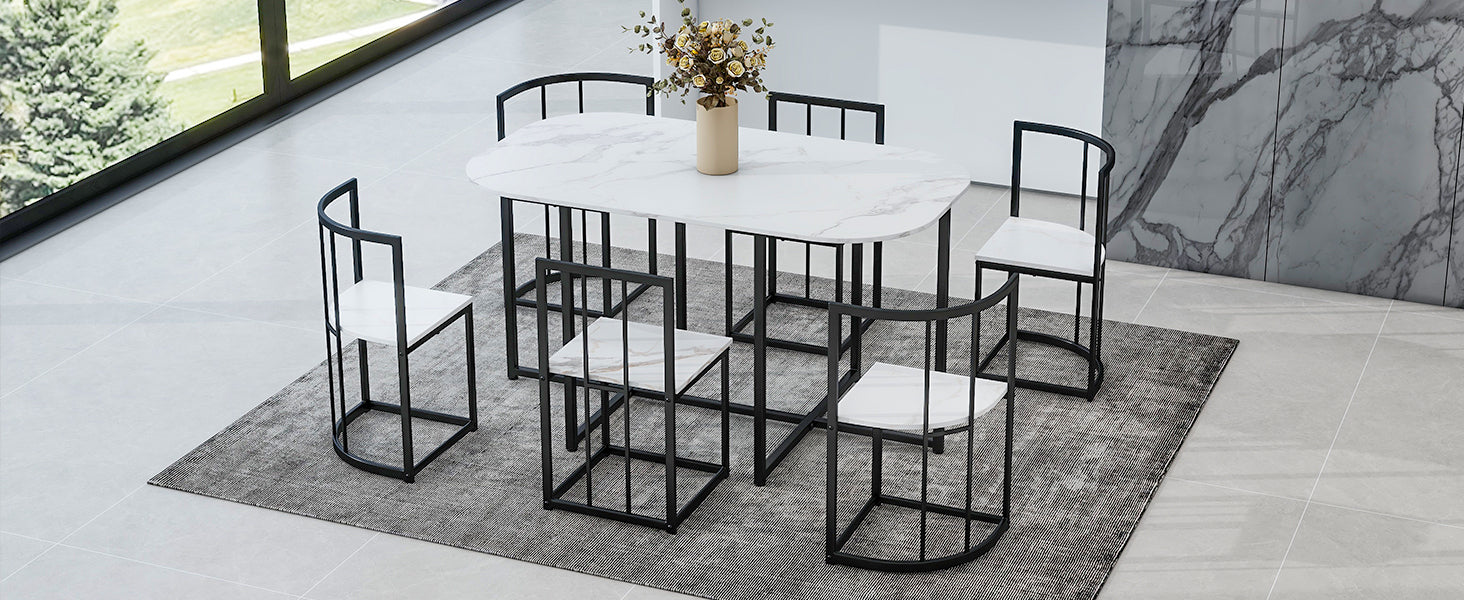 Dining Table | Modern 7-Piece Dining Table Set with Faux Marble Compact 55-Inch Kitchen Table Set for 6, Black+White | casafoyer.myshopify.com