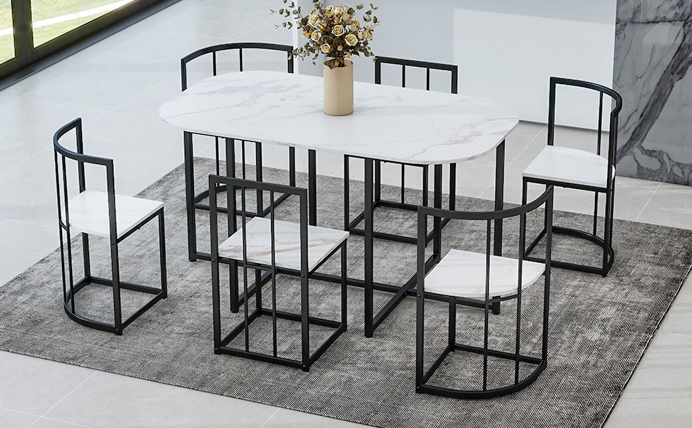 Dining Table | Modern 7-Piece Dining Table Set with Faux Marble Compact 55-Inch Kitchen Table Set for 6, Black+White | casafoyer.myshopify.com