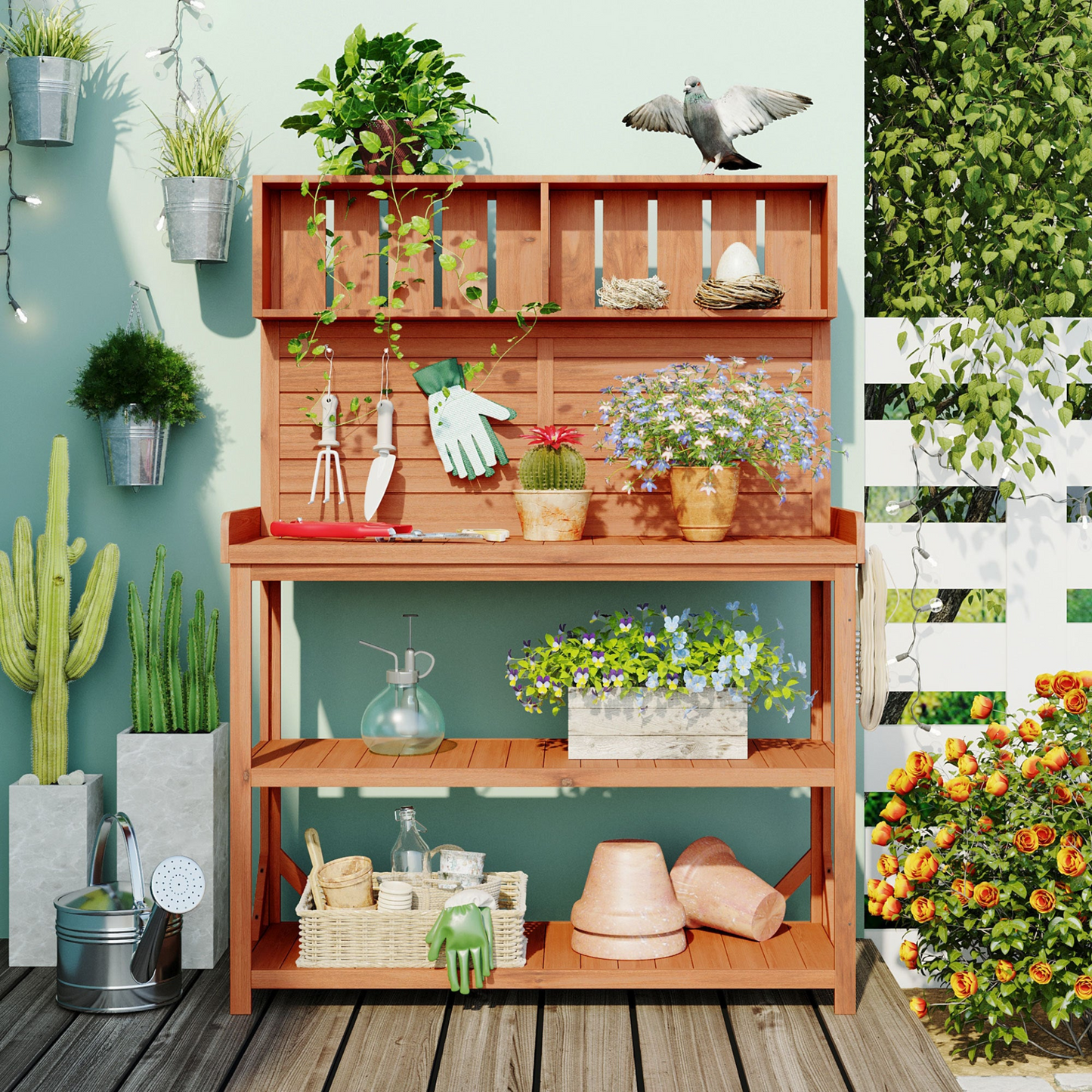 [product_type] | 65" Large Wooden Farmhouse Rustic Outdoor Potting Bench Table, Patio Workstation, Garden Potting Bench with 4 Storage Shelves and Side Hook, Natural | casafoyer.myshopify.com