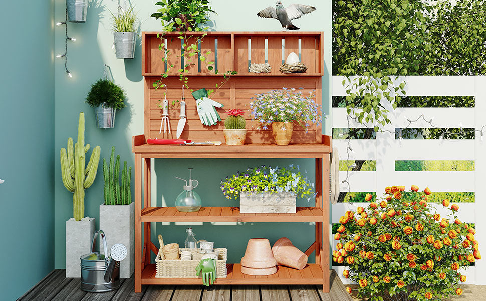 [product_type] | 65" Large Wooden Farmhouse Rustic Outdoor Potting Bench Table, Patio Workstation, Garden Potting Bench with 4 Storage Shelves and Side Hook, Natural | casafoyer.myshopify.com