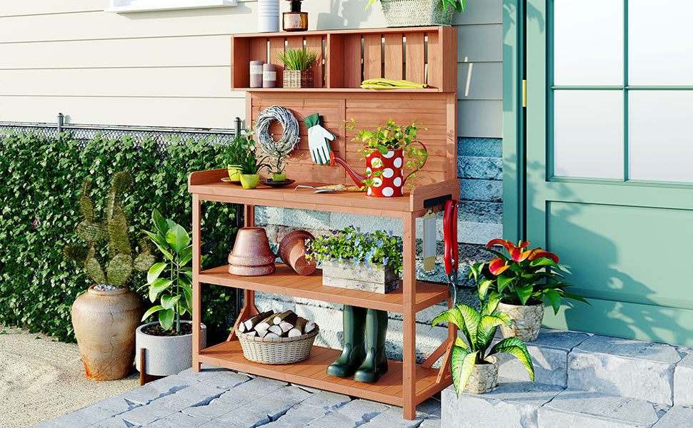 [product_type] | 65" Large Wooden Farmhouse Rustic Outdoor Potting Bench Table, Patio Workstation, Garden Potting Bench with 4 Storage Shelves and Side Hook, Natural | casafoyer.myshopify.com