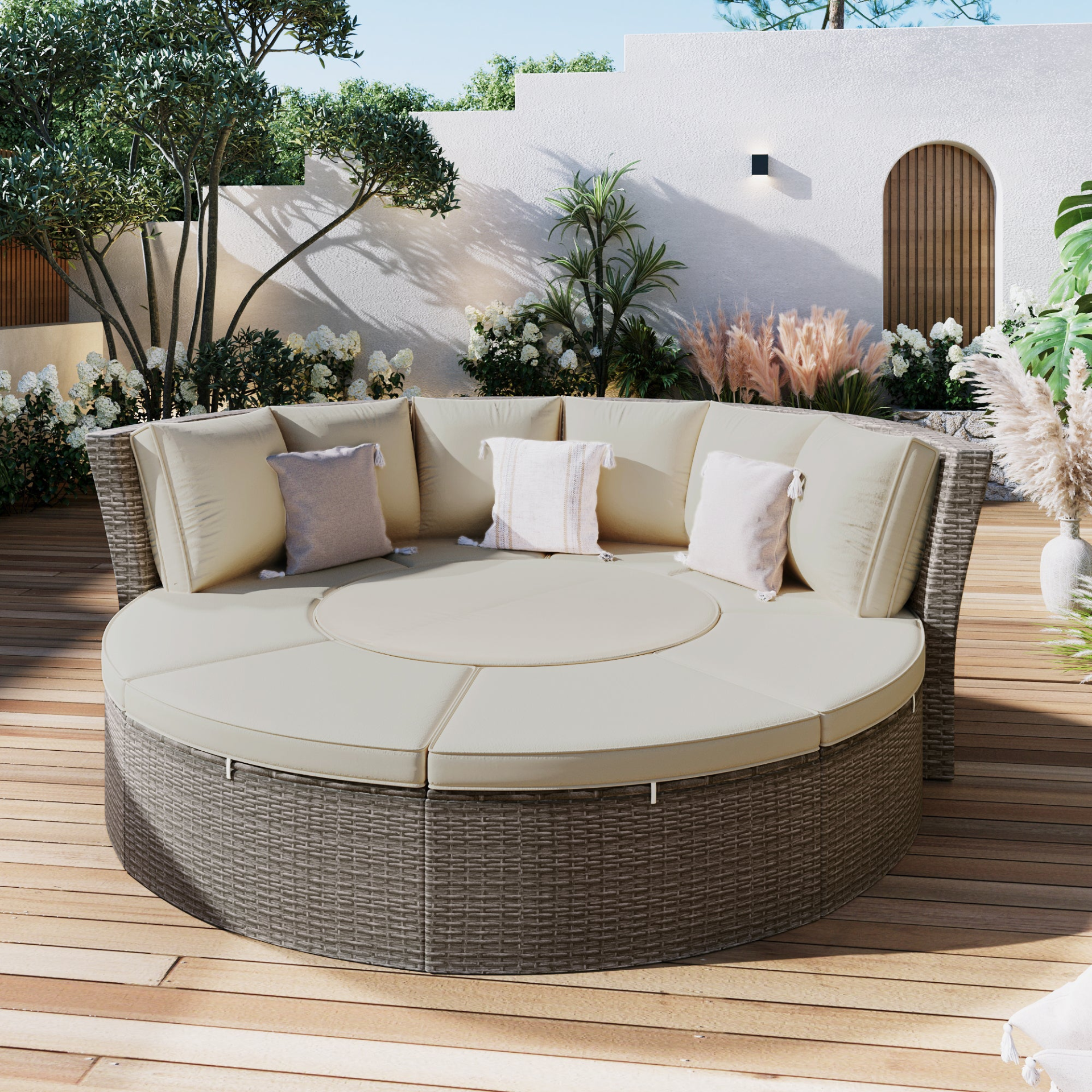 Patio Furntiure Sets | Patio 5-Piece Round Rattan Sectional Sofa Set All-Weather PE Wicker Sunbed Daybed with Round Liftable Table and Washable Cushions for Outdoor Backyard Poolside, Gray | casafoyer.myshopify.com