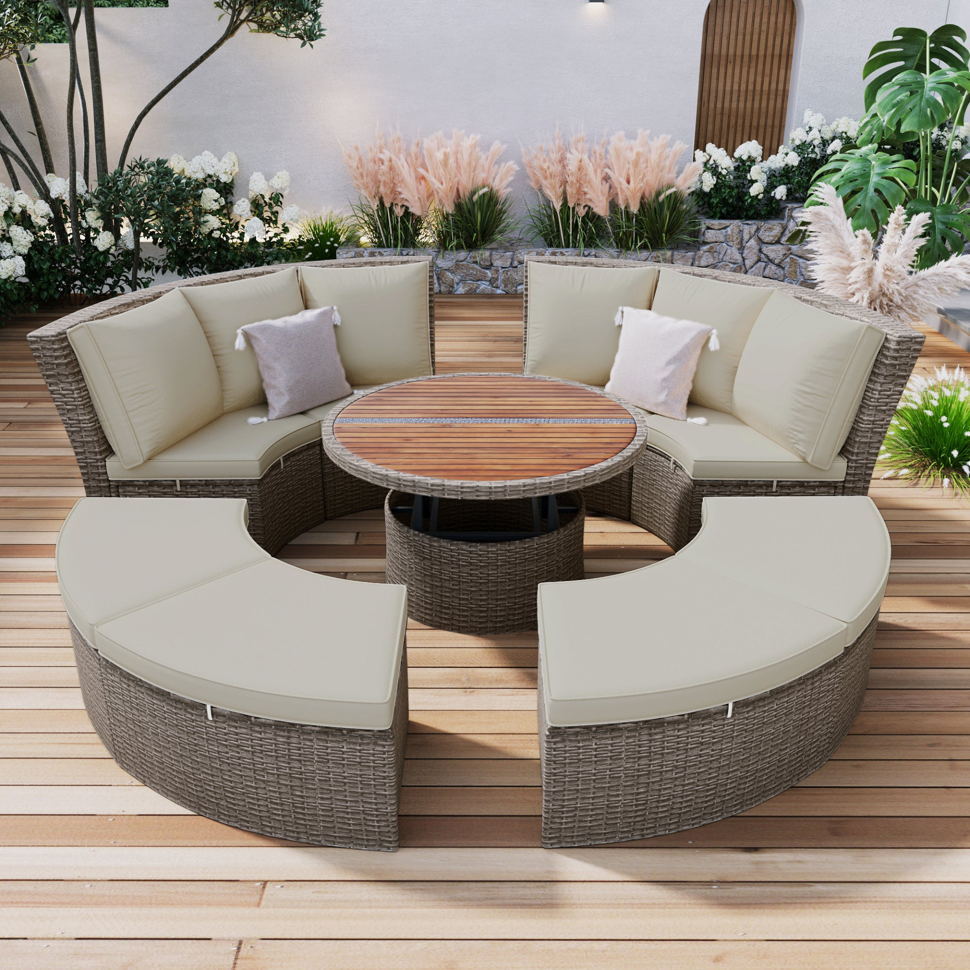 Patio Furntiure Sets | Patio 5-Piece Round Rattan Sectional Sofa Set All-Weather PE Wicker Sunbed Daybed with Round Liftable Table and Washable Cushions for Outdoor Backyard Poolside, Gray | casafoyer.myshopify.com