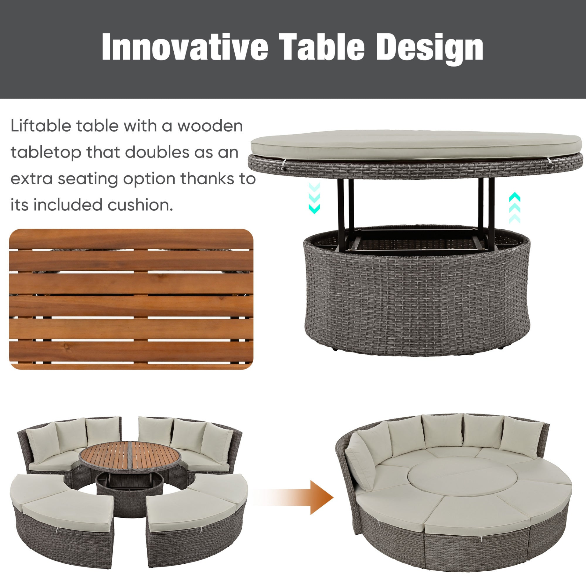 Patio Furntiure Sets | Patio 5-Piece Round Rattan Sectional Sofa Set All-Weather PE Wicker Sunbed Daybed with Round Liftable Table and Washable Cushions for Outdoor Backyard Poolside, Gray | casafoyer.myshopify.com