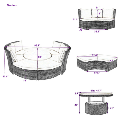 Patio Furntiure Sets | Patio 5-Piece Round Rattan Sectional Sofa Set All-Weather PE Wicker Sunbed Daybed with Round Liftable Table and Washable Cushions for Outdoor Backyard Poolside, Gray | casafoyer.myshopify.com