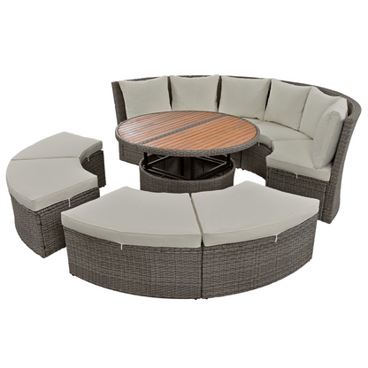 Patio Furntiure Sets | Patio 5-Piece Round Rattan Sectional Sofa Set All-Weather PE Wicker Sunbed Daybed with Round Liftable Table and Washable Cushions for Outdoor Backyard Poolside, Gray | casafoyer.myshopify.com