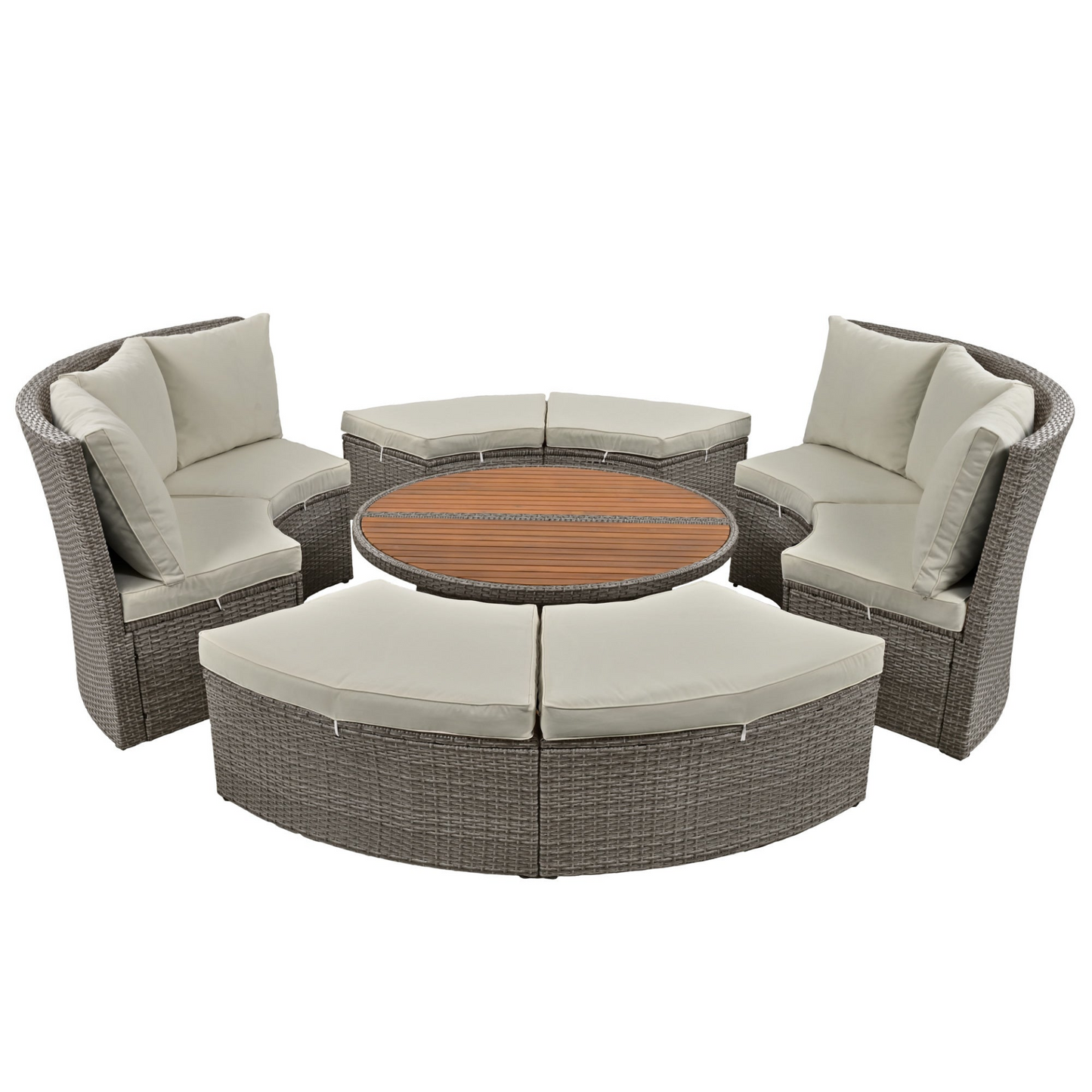 Patio Furntiure Sets | Patio 5-Piece Round Rattan Sectional Sofa Set All-Weather PE Wicker Sunbed Daybed with Round Liftable Table and Washable Cushions for Outdoor Backyard Poolside, Gray | casafoyer.myshopify.com