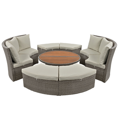 Patio Furntiure Sets | Patio 5-Piece Round Rattan Sectional Sofa Set All-Weather PE Wicker Sunbed Daybed with Round Liftable Table and Washable Cushions for Outdoor Backyard Poolside, Gray | casafoyer.myshopify.com