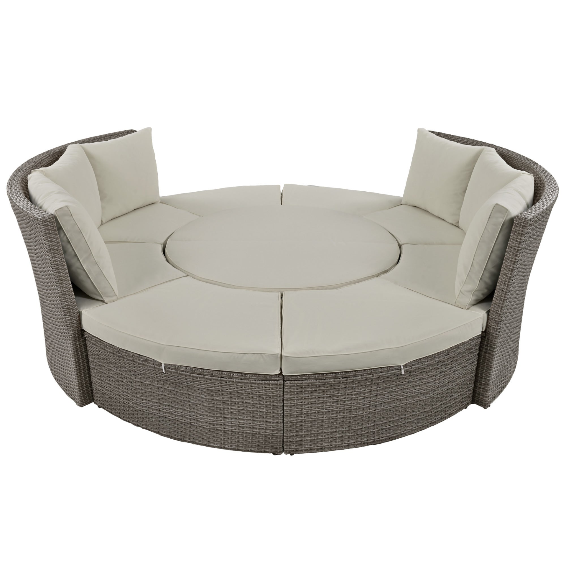 Patio Furntiure Sets | Patio 5-Piece Round Rattan Sectional Sofa Set All-Weather PE Wicker Sunbed Daybed with Round Liftable Table and Washable Cushions for Outdoor Backyard Poolside, Gray | casafoyer.myshopify.com